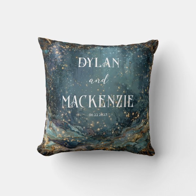 Coussin Nuit étoilée dorée sarcelle céleste marbrée ondulé (Recto)