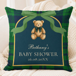 Coussin Nursery à carreaux verts avec un ours en peluche v