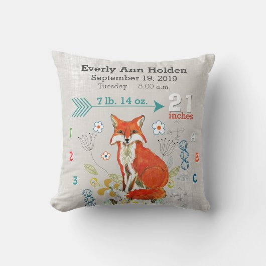 Coussin Nursery Baby Birth Stats Fox Warm Grey (Recto)