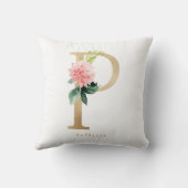 Coussin Nursery de lettre florale en feuille de faux or P (Verso)
