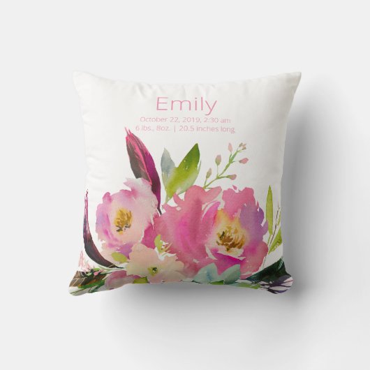 Coussin Nursery de Statistiques pour Bébé Fille Fleur Rose (Verso)