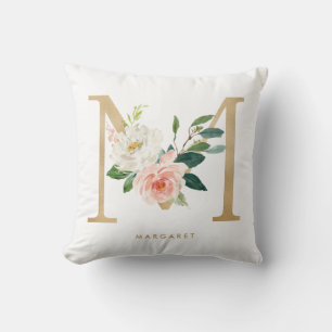 Coussin Nursery Monogramme Lettre M Florale Feuille D'Or F