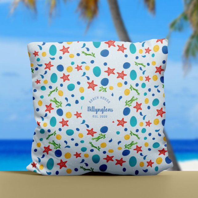 Coussin Ocean custom nom de famille maison mer collage (Personalized family home decor pillow with custom family name and sea collage ocean pattern)