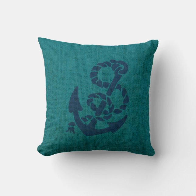 Coussin Océan nautique d'Ancre et de corde vert-bleu (Recto)