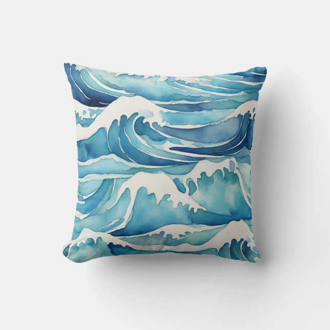 Coussin Ocean Waves Watercolor Blue Beach Coast (Recto)