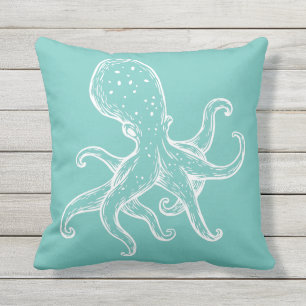 Coussin Octopus blanc en mer turquoise océan bleu marine