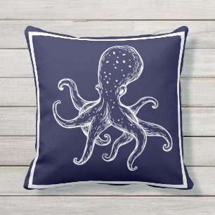 Coussin Octopus blanc sur marine bleu marine marine