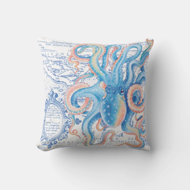 Coussin Octopus Blue Vintage Map Chic Aquarelle (Recto)