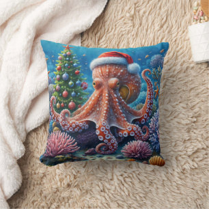 Coussin Octopus de Noël portant un chapeau de Père Noël