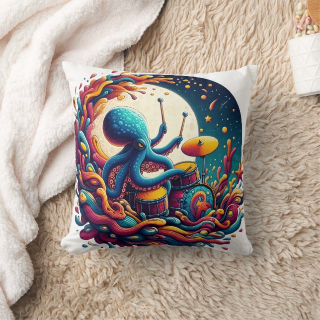 Coussin Octopus Jouant Des Tambours Sous Une Nuit Étincela (Couverture)