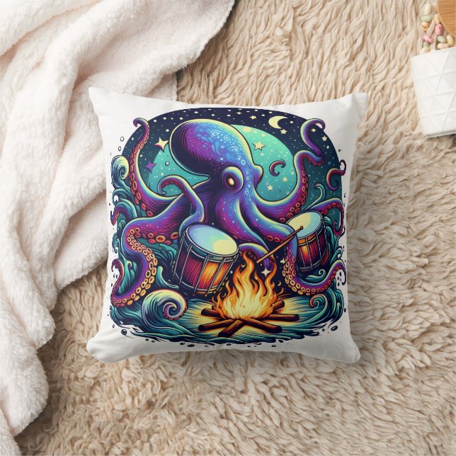 Coussin Octopus Jouer à la batterie par un feu de camp la  (Couverture)