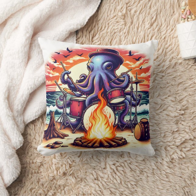 Coussin Octopus Jouer de la batterie au feu de camp de Sun (Couverture)