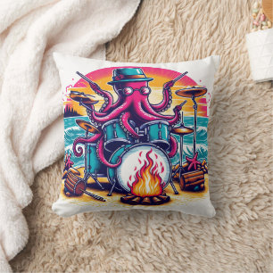 Coussin Octopus Jouer de la batterie sur la plage au couch