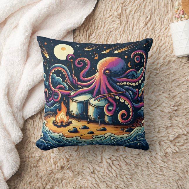 Coussin Octopus Jouer des tambours au feu de camp sous les (Couverture)