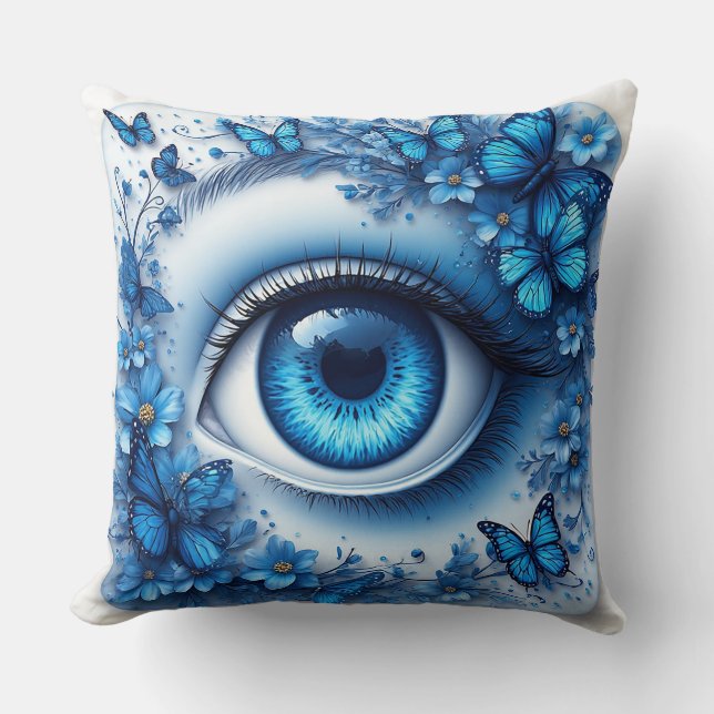 Coussin Œil Bleu Entouré De Fleurs Et De Papillons (Recto)