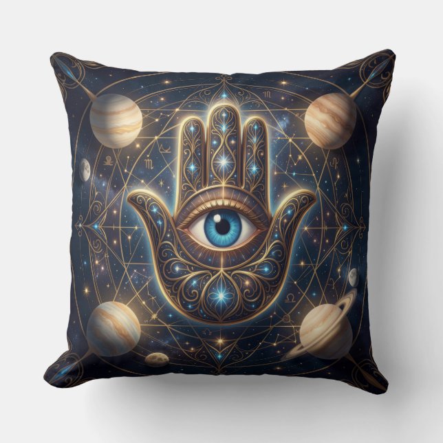 Coussin Œil maléfique Hamsa céleste or Navy cosmique (Recto)