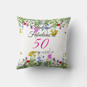 Coussin Oeillets rose jaune sur bleu Joyeux anniversaire