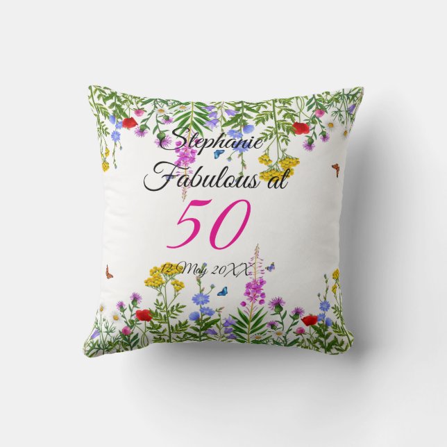 Coussin Oeillets rose jaune sur bleu Joyeux anniversaire (Verso)