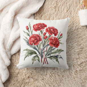 Coussin Oeillets rouges Fleurs florales Aquarelle