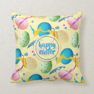 Coussin Oeufs de Pâques colorés et éclaboussures de pei