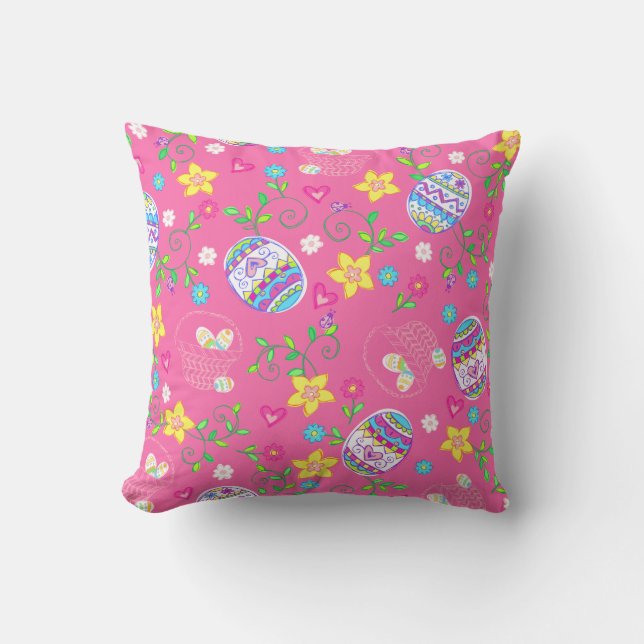 Coussin Oeufs, fleurs et paniers roses de pâques (Recto)