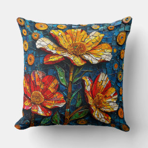 Coussin Œuvre d'art en mosaïque colorée de fleurs vibrante