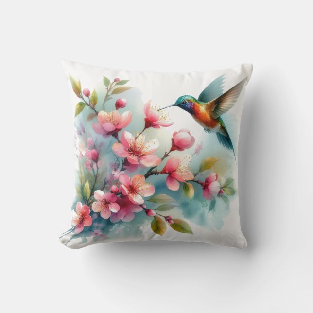 Coussin OEuvre florale/printanière de colibri (Recto)