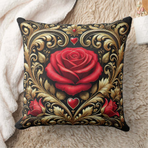 Coussin Oeuvre luxueuse Red Rose et Gold Heart