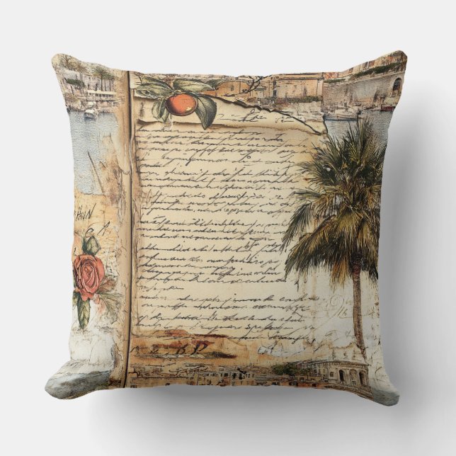 Coussin Oeuvre méditerranéenne vintage avec Palm et Script (Recto)