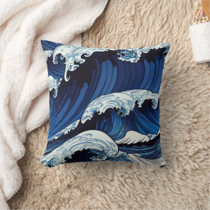 Coussin Œuvres d'art japonaises de vagues d'océan bleu abs