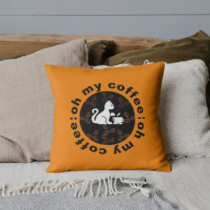 Coussin Oh My Coffee Funky Cool Cute Cat Blanc Noir Or