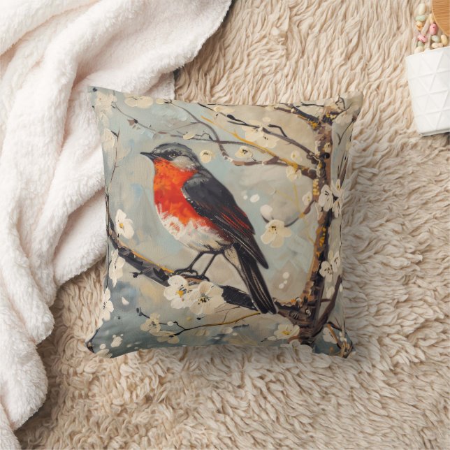 Coussin Oiseau à Poitrine Rouge dans un Arbre à Fleurs Bla (Couverture)