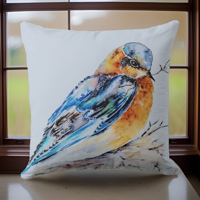 Coussin Oiseau bleu à l'aquarelle élégant Nature (Créateur téléchargé)