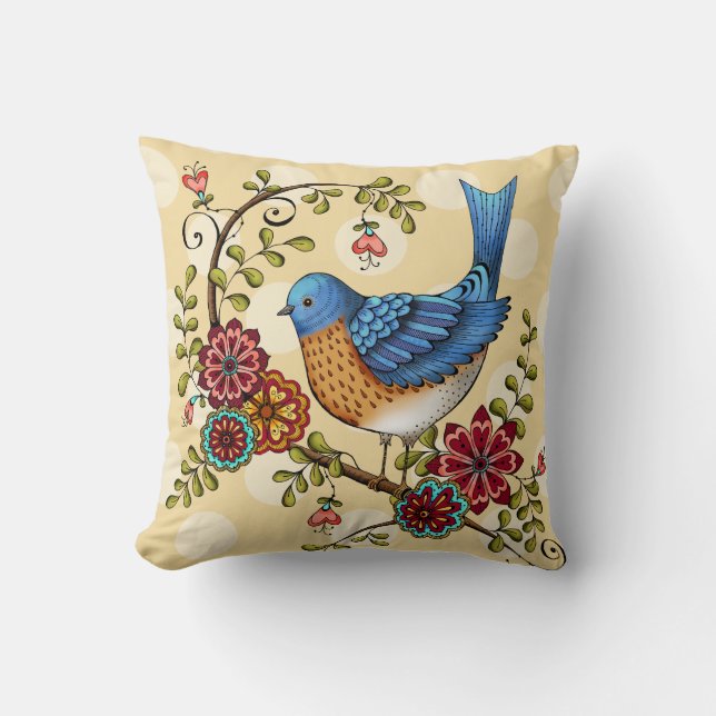 Coussin Oiseau bleu avec le carreau jaune de points de (Recto)