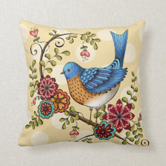 Coussin Oiseau bleu avec le carreau jaune de points de