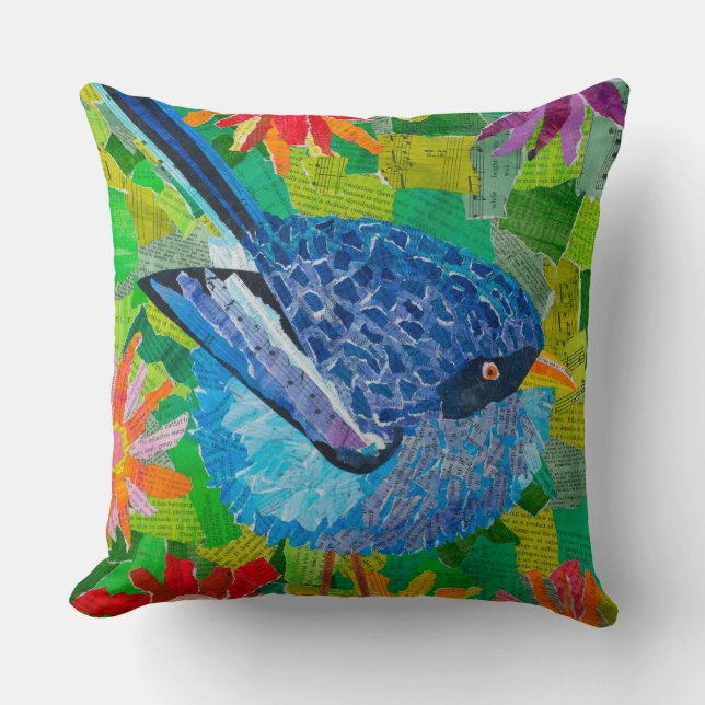 Coussin Oiseau bleu en fleurs (Recto)
