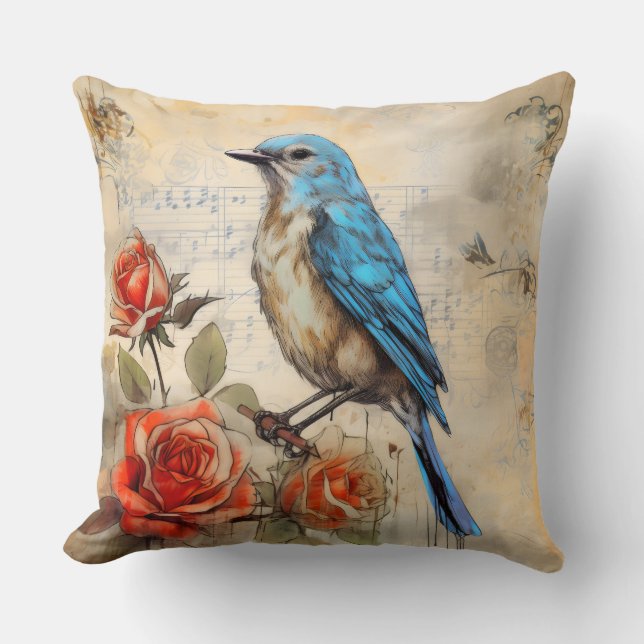 Coussin Oiseau bleu et Roses 1 (Recto)