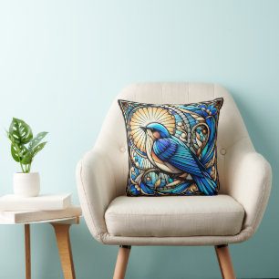 Coussin Oiseau bleu éthérée perché sur la fenêtre