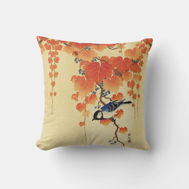 Coussin Oiseau bleu Tit, Branche de Paulownia, Feuilles ro (Recto)