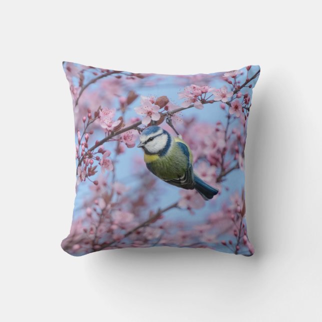 Coussin Oiseau bleu Tit en fleurs de cerisiers japonais ro (Recto)