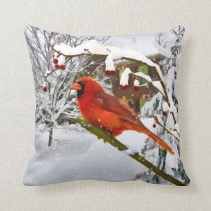 Coussin Oiseau cardinal, neige, hiver, carreau