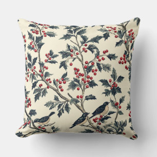 Coussin Oiseau Chanteur Élégant Motif Crème Rouge Houx Hiv