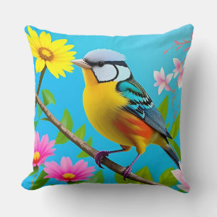 Coussin Oiseau Chanteur Vibrant sur Branche Fleurie Cadeau