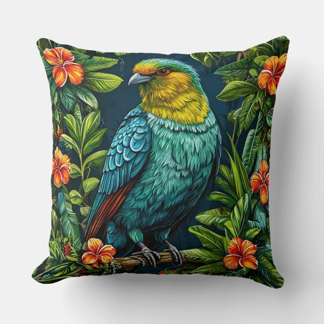 Coussin Oiseau coloré au cadre floral (Recto)