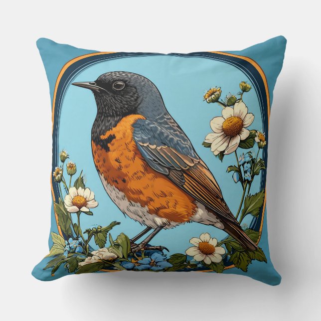 Coussin Oiseau Coloré avec Cadre Floral (Recto)