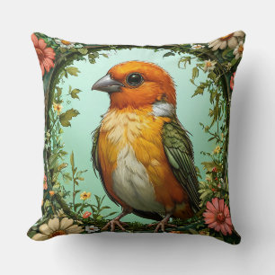 Coussin Oiseau Coloré avec Cadre Floral