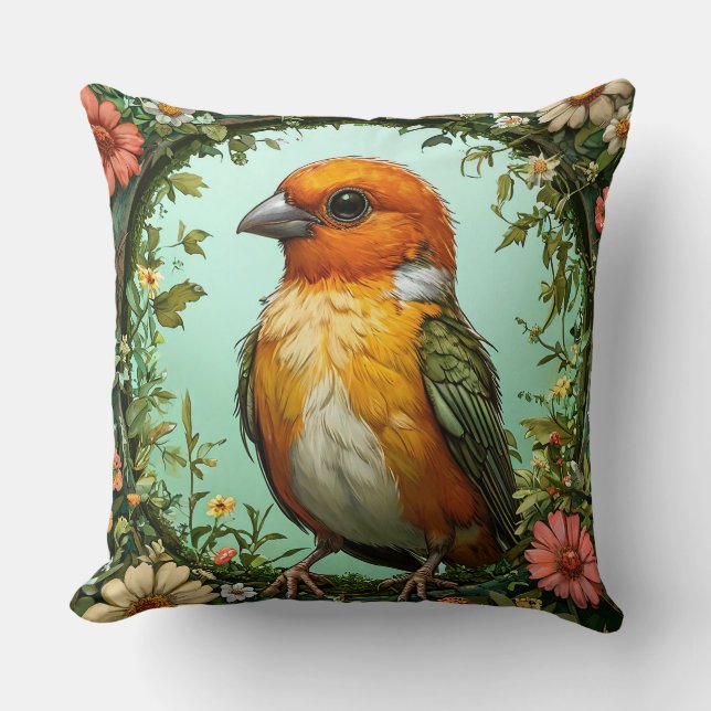 Coussin Oiseau Coloré avec Cadre Floral (Recto)