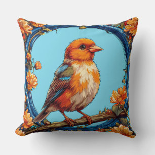 Coussin Oiseau Coloré avec Cadre Floral