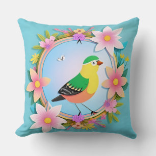 Coussin Oiseau Coloré Entouré de Couronne de Fleurs