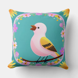 Coussin Oiseau Coloré Entouré de Couronne de Fleurs